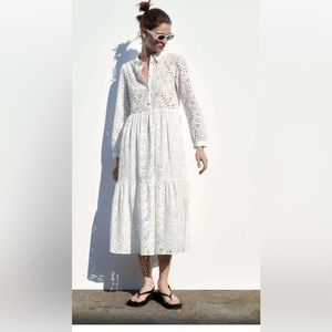 NWT_ZARA WOMAN SS23  OPENWORK EMBROIDERY MIDI DRESS WHITE | XS
